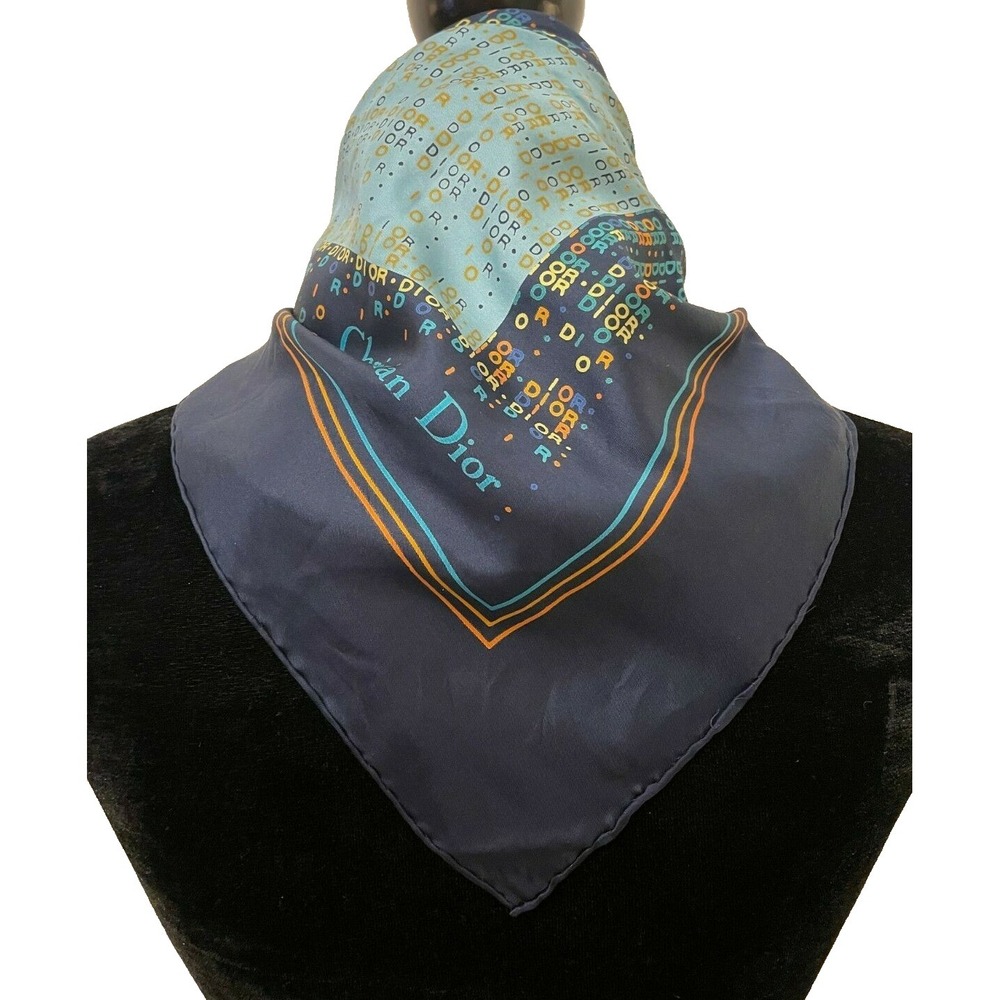 Vintage Christian Dior Womens Square Scarf Navy Blue Retro Monogram Print Silk - Picture 8 of 12